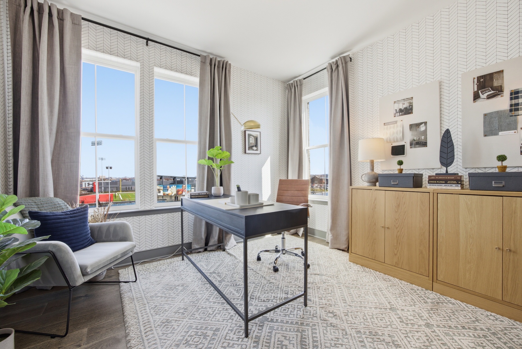 Home office with large windows and city views, real estate photography Baltimore MD